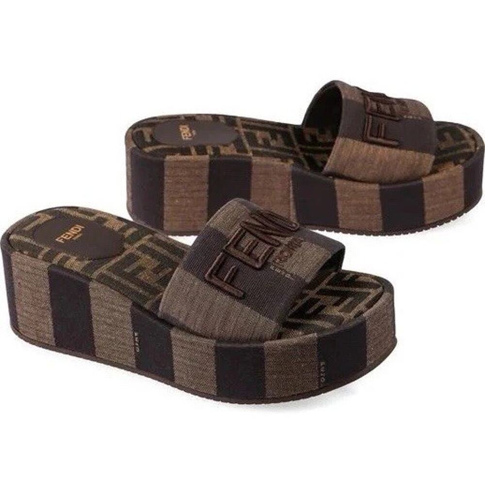 Fendi Sunshine Flatform Platform FF Logo Jacquard Baguette Feel Slides 37.5 - Picture 3 of 11